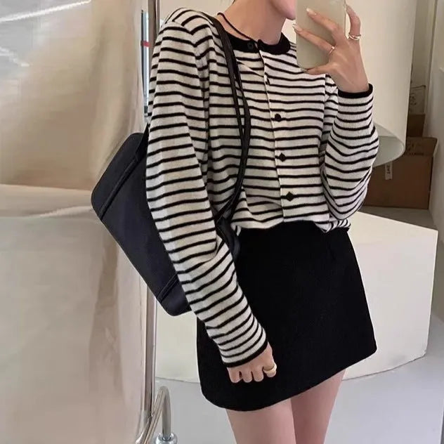 Women's dark grey and white striped French style cardigan with slim fit and 40cm length