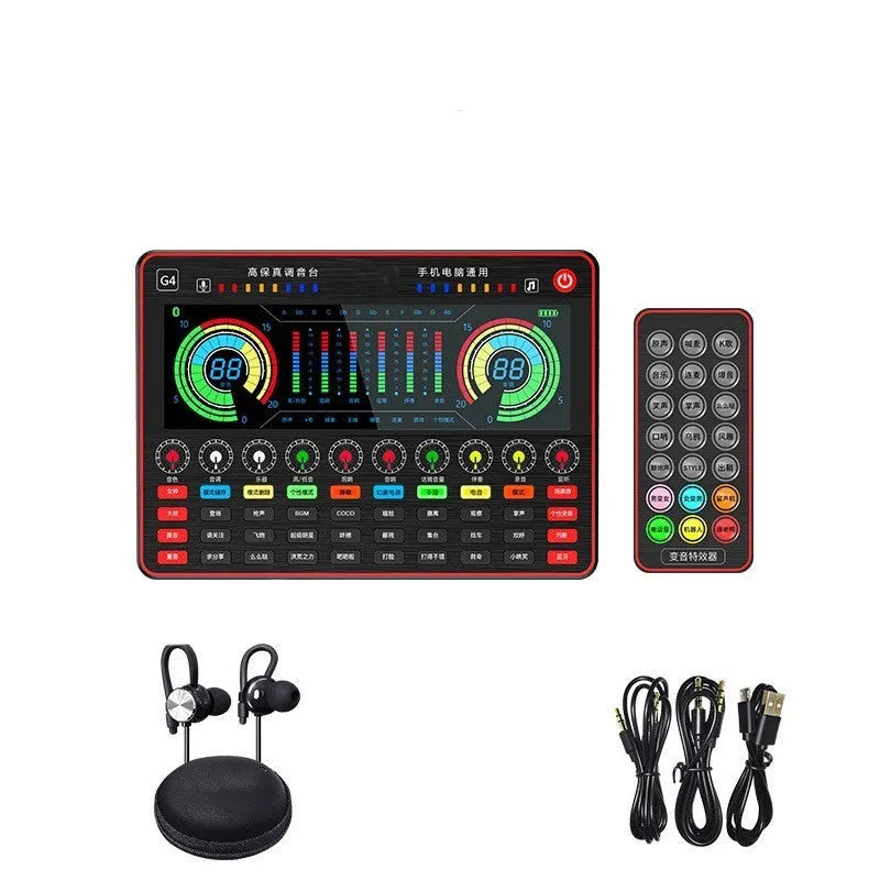 G4 professional live broadcast sound card set with LCD screen, microphone, audio cables, and remote control.