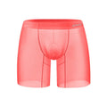 Men's solid colour boxer shorts in orange, pink, or red, made from knitted nylon ice silk fabric.