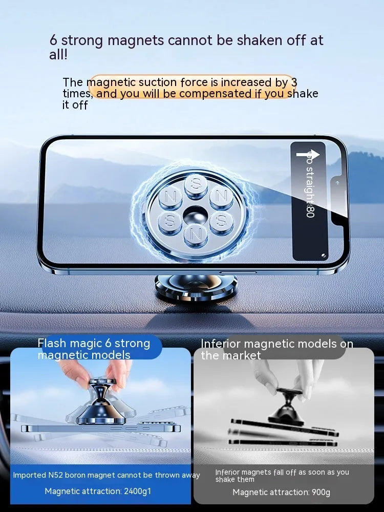 Magnetic car phone holder with alloy body and 4 N52 rubidium magnets, dazzling black finish, on dashboard