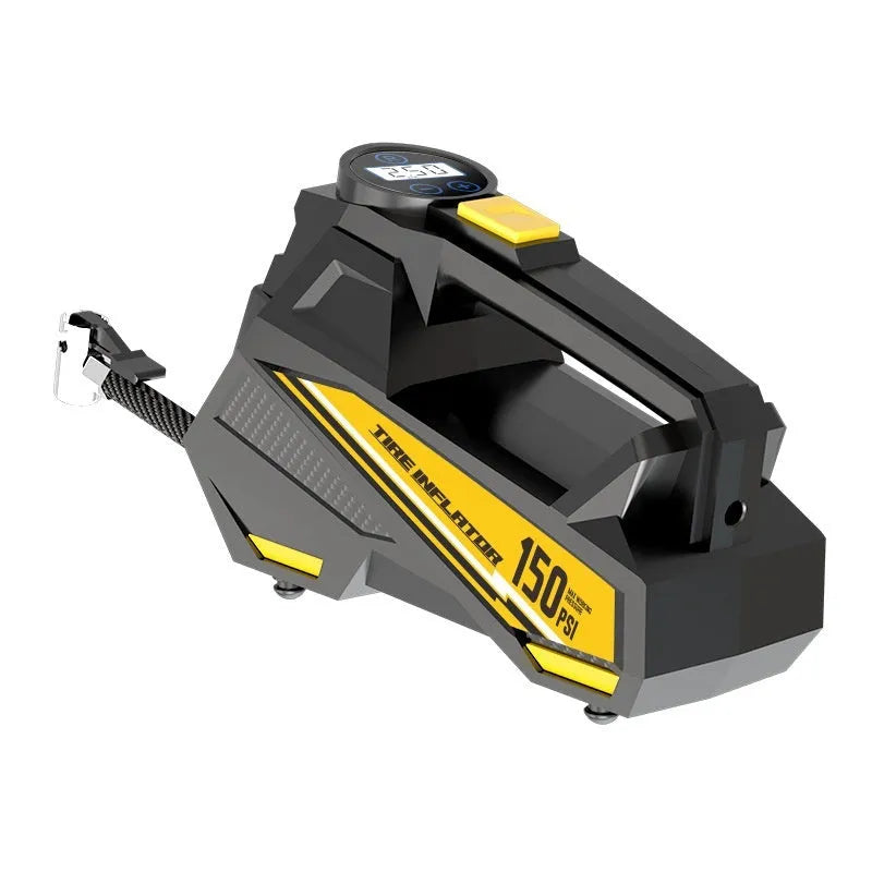 Black portable electric tyre inflator with digital display and LED light