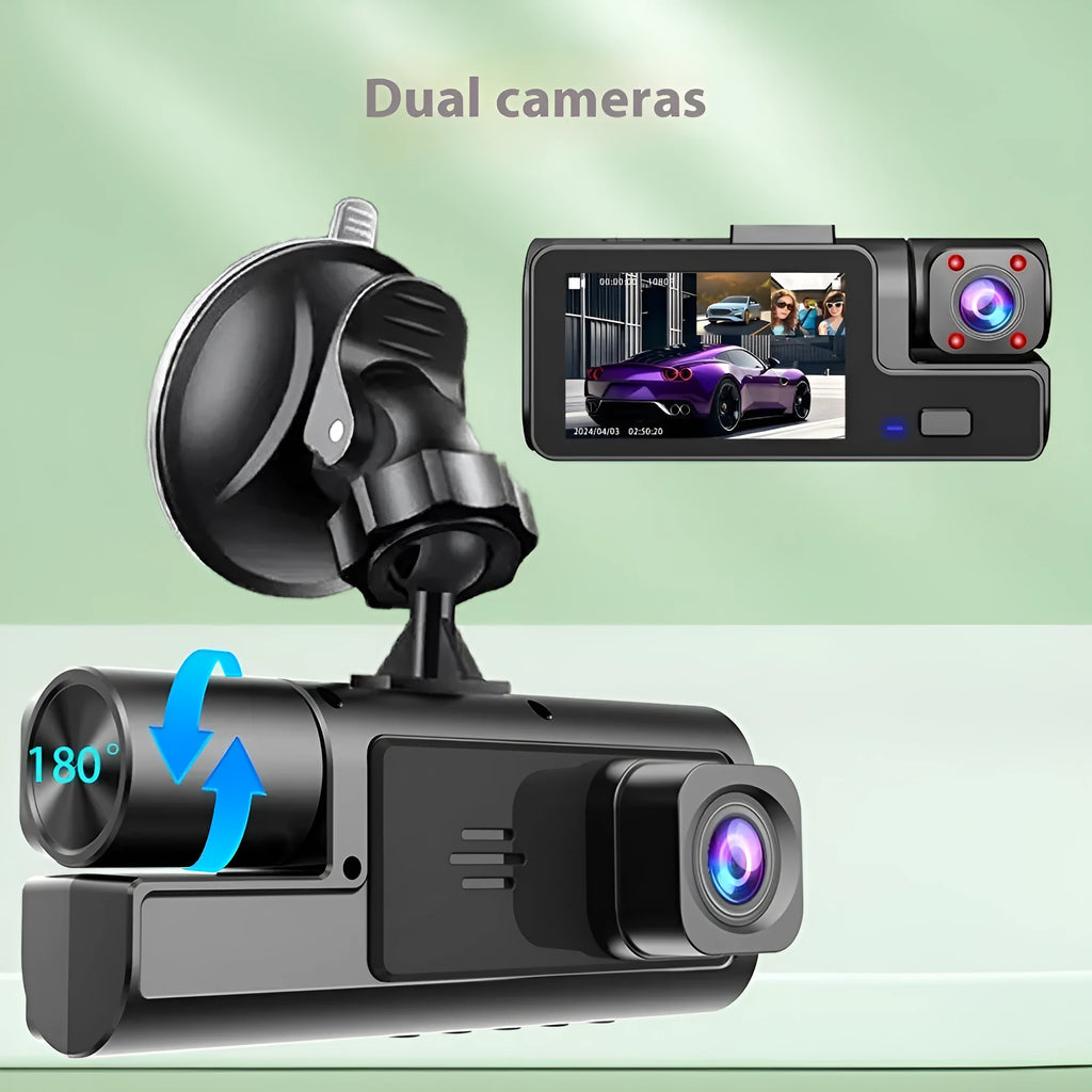 WiFi-enabled car dash cam with 2-inch screen for front and rear vehicle recording and parking aid display