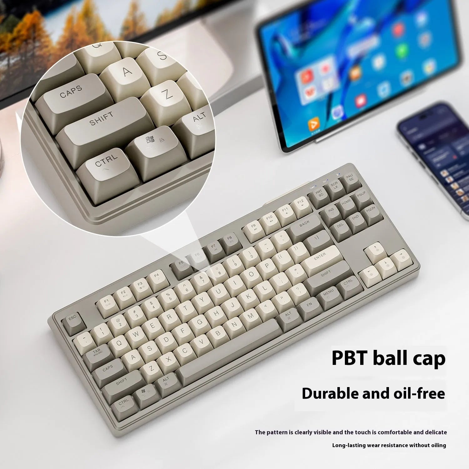 Free Wolf M87 wireless dual-mode keyboard in blueberry colour on a desk