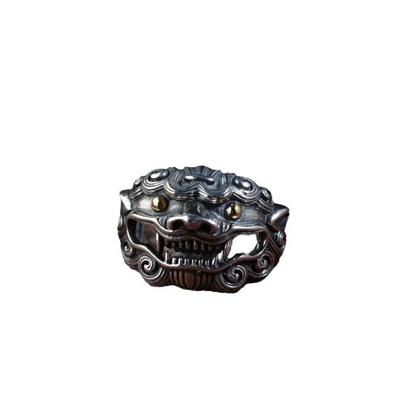 Silver open style ring with detailed jibeast animal pattern and diamond accents