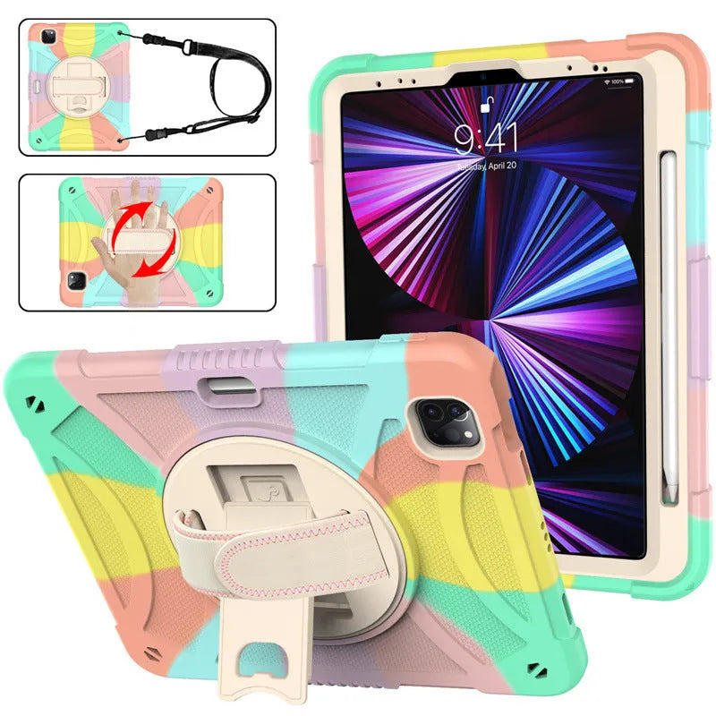 Rotating bracket silicone protective case for Apple iPad in various colours showing integrated stand.