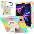 Rotating bracket silicone protective case for Apple iPad in various colours showing integrated stand.