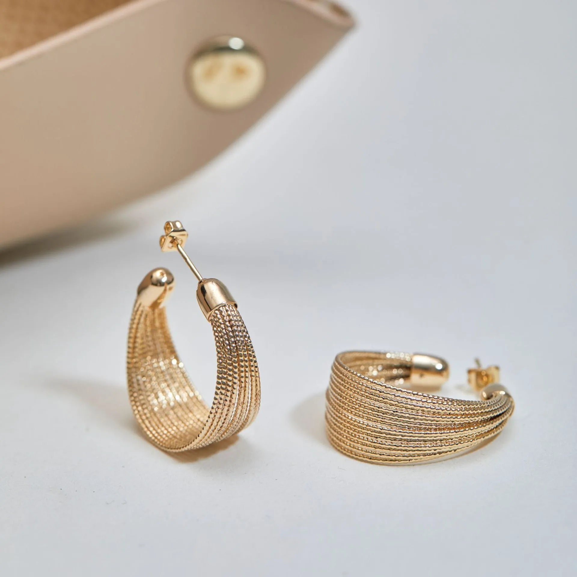 Geometric multi-layer bracelet design earrings in copper with electroplated silver or gold finish