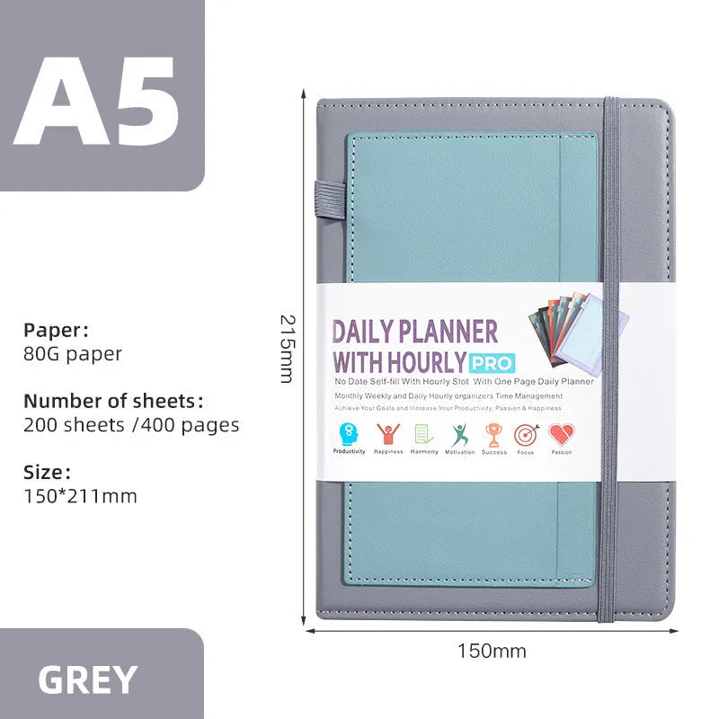 A5 notebook with PU cover, open to show no-date strap and thread binding, with planning stickers.