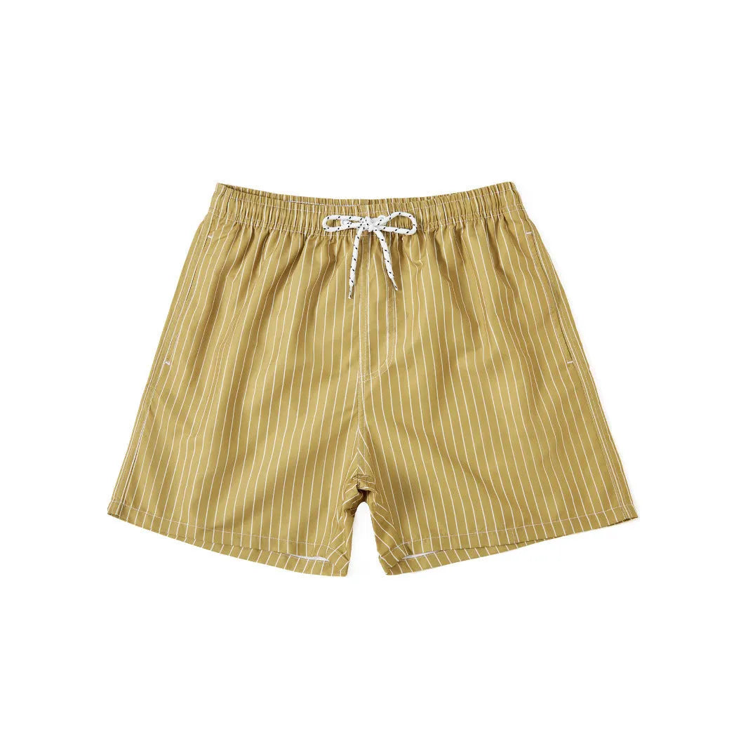 Men's navy blue striped beach shorts with triangle lining and straight leg opening