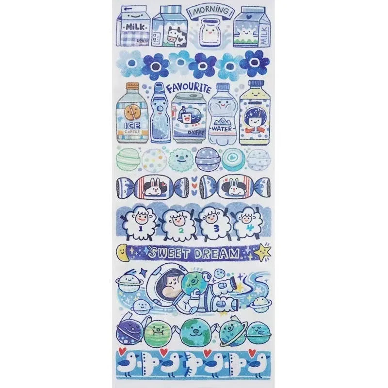 Sheet of cute cartoon character stickers on Japanese paper for haemorrhoid tape packaging labelling.