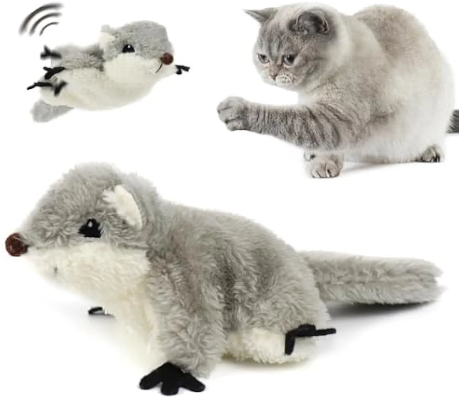 Gray flapping squirrel cat toy with wings open, USB rechargeable, containing catnip