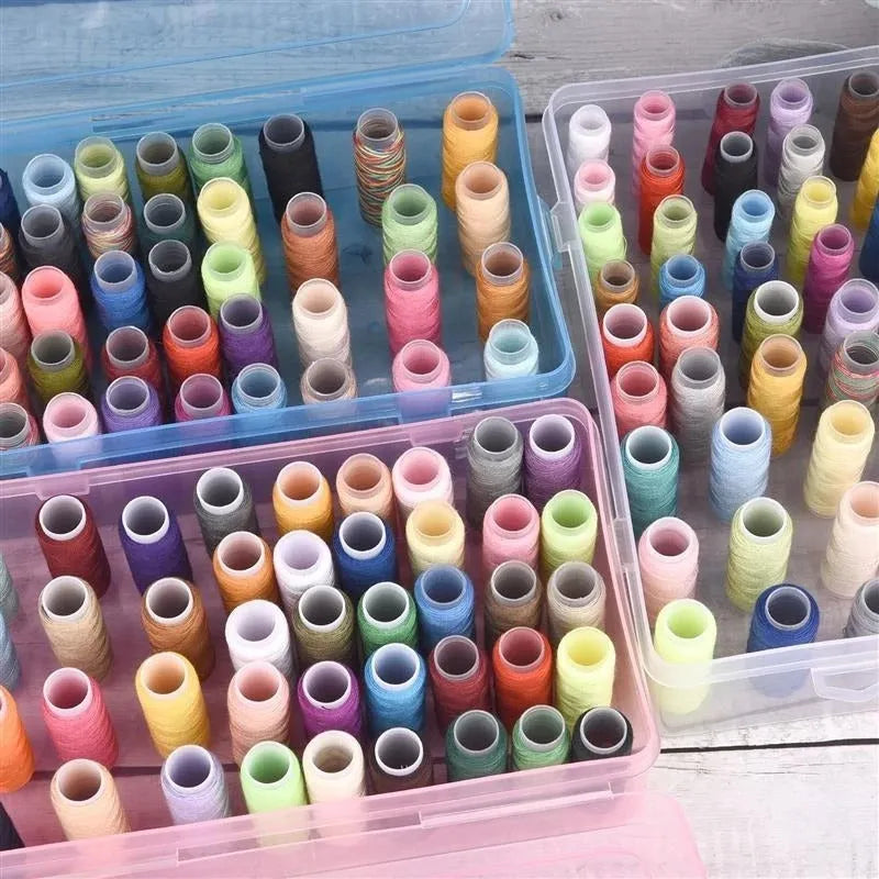 Transparent plastic storage box with 42 small compartments for sewing and embroidery supplies organiser.