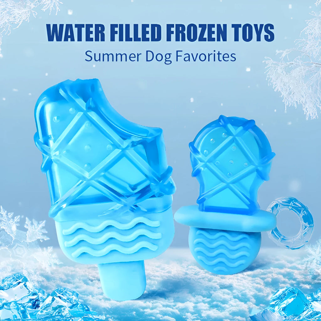 Summer ice cold dog popsicle cooling pet toy set with water-filled stick, pacifier, popsicle, and ring shapes