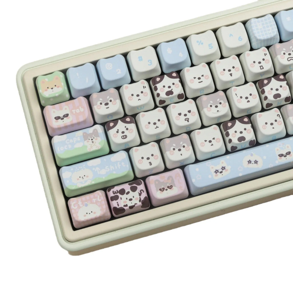 Full set of PBT key caps with sublimation printed cat and puppy designs for mechanical keyboards
