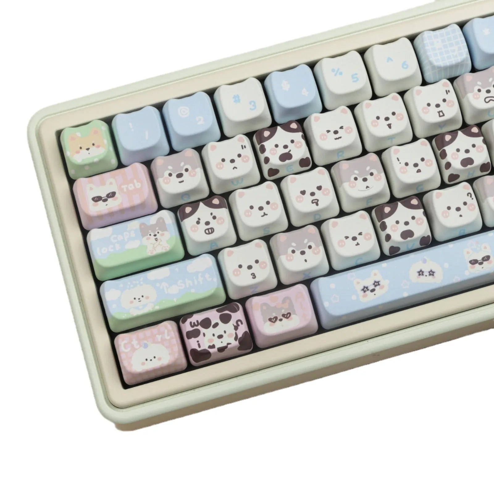 Full set of PBT key caps with sublimation printed cat and puppy designs for mechanical keyboards