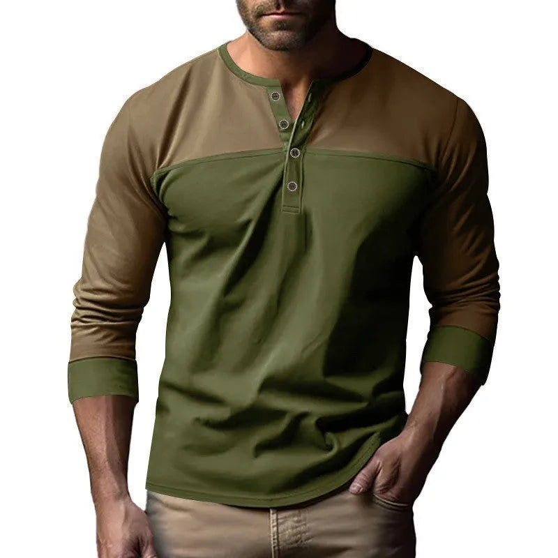 Retro long-sleeve henley collar bottoming shirt in solid beaded twill with colour-matching detail