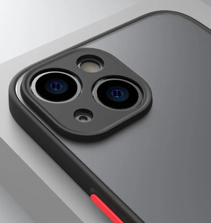 Frosted hard iPhone protective case showing full lens cover and fine holes for skin-sensing.