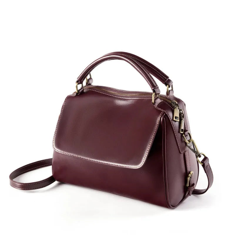 Women's genuine leather crossbody tote bag in cross square shape with double shoulder straps
