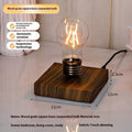 Iron art suspension bulb night lamp on wood grain base with compact 11cm dimensions