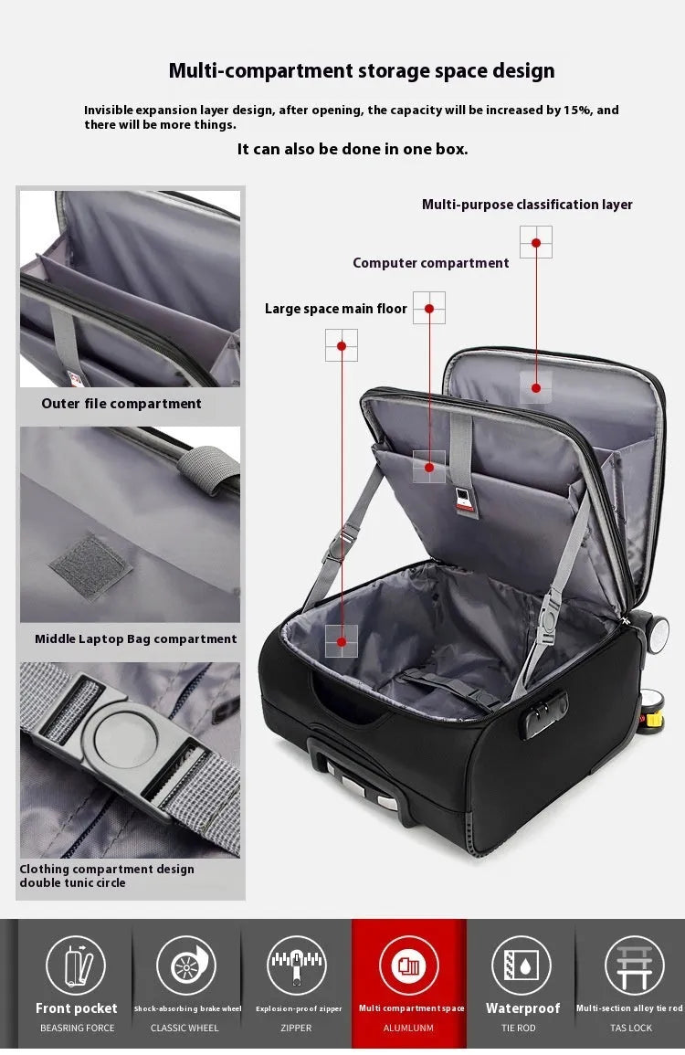 18 inch black Oxford cloth business travel suitcase with universal wheels and retractable handle