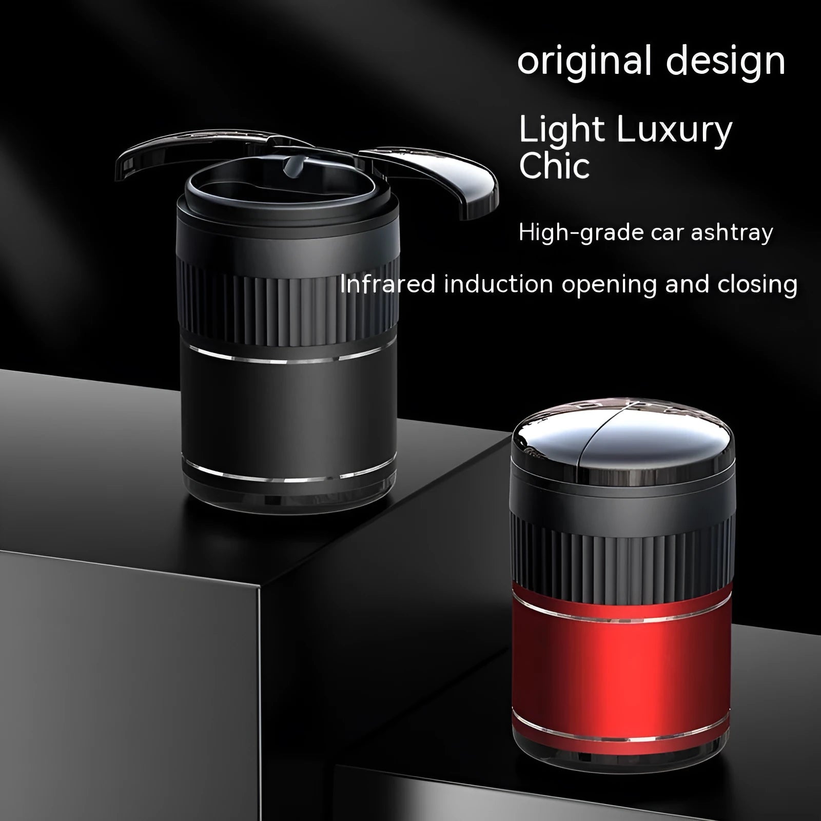 Metal smart car ashtray with automatic sensing lid in compact 113mm design