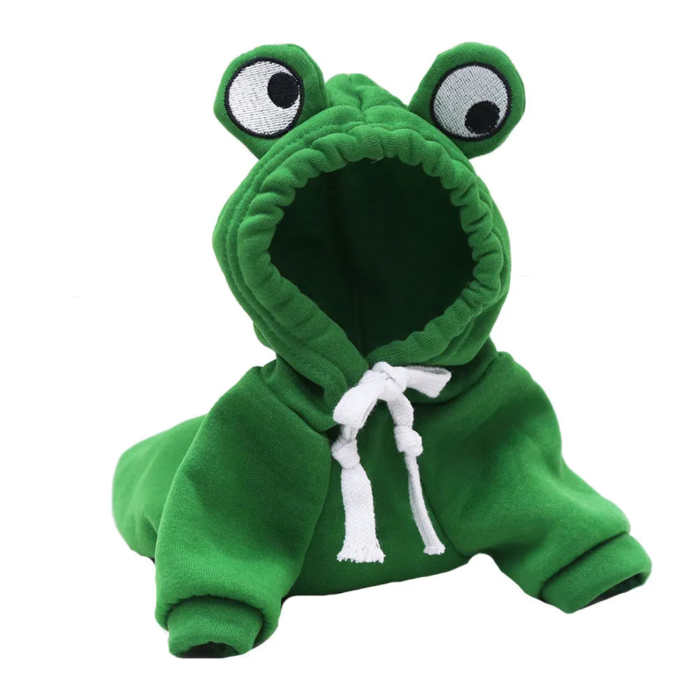 Green frog hoodie for small dogs and cats, lying on surface with front view