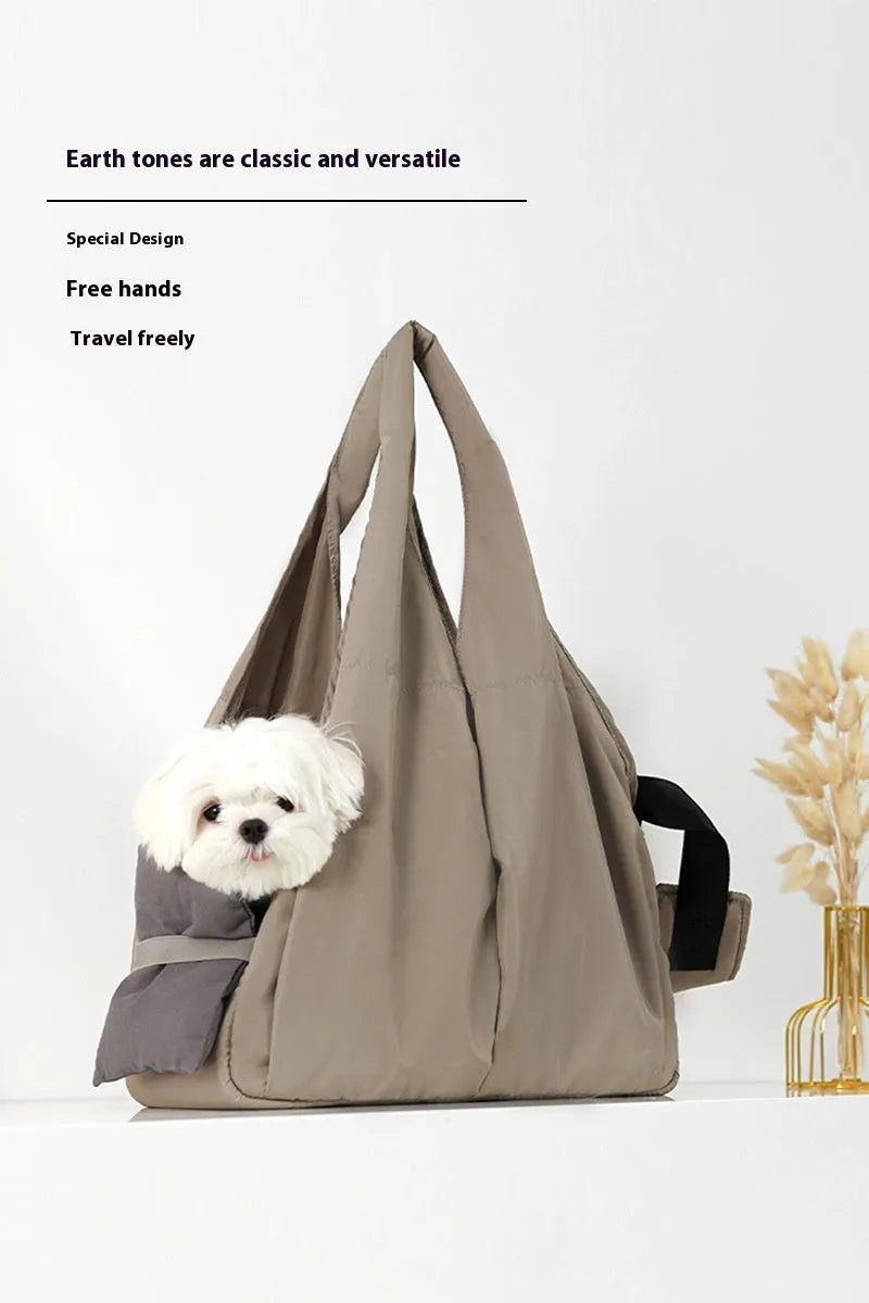 Apricot cloth pet summer handbag showing dimensions of 41cm length by 16cm width by 28cm height