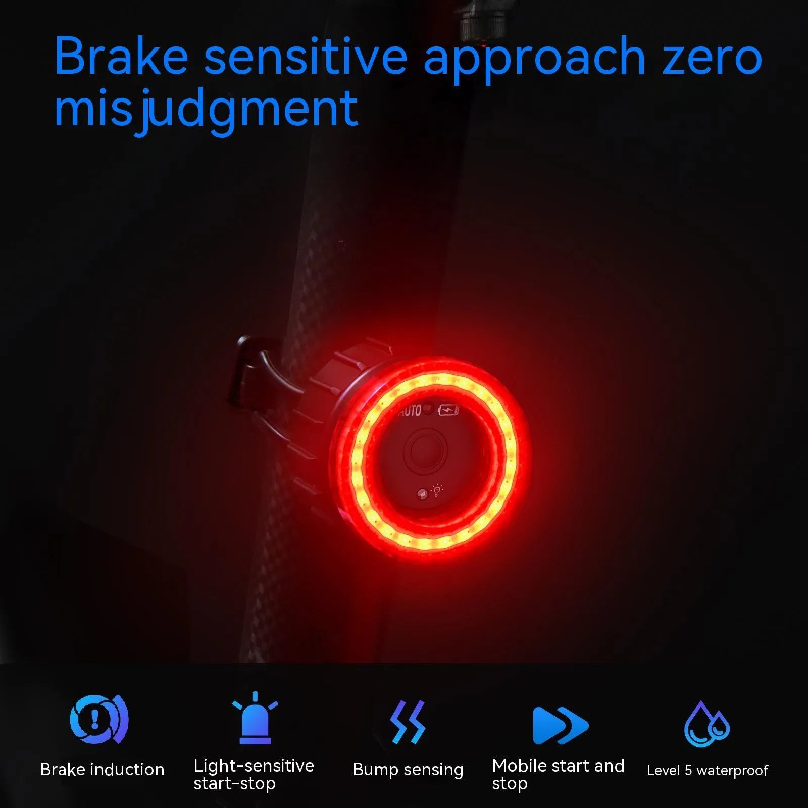 Black intelligent induction brake taillight for bicycles with aluminium alloy construction