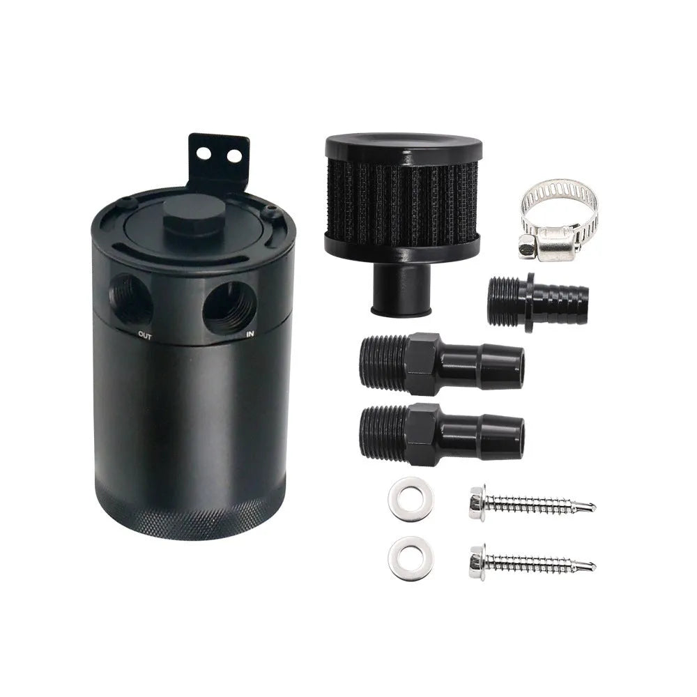 Black and silver aluminium automotive oil pot with two-hole breathable design
