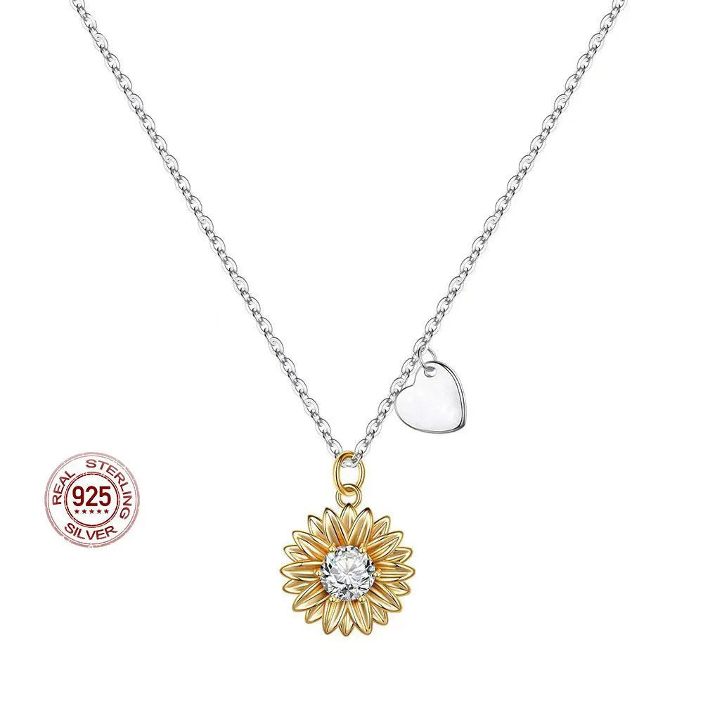 925 silver sunflower necklace with geometric daisy pendant on cross chain, adjustable 21-50cm length