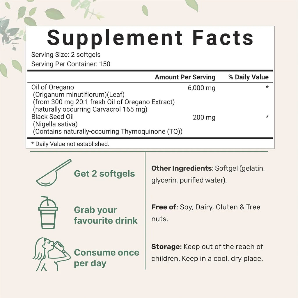 Bottle of black seed oil softgel capsules with a choice of 180 or 300 tablet counts.