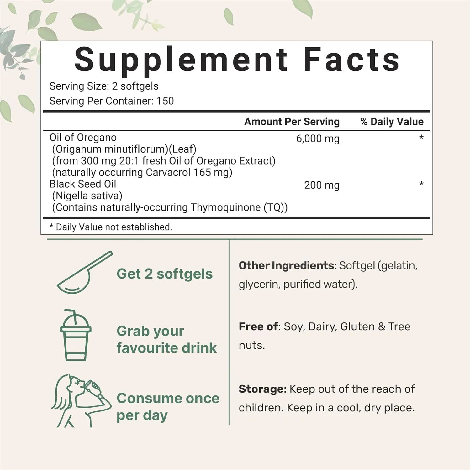 Bottle of black seed oil softgel capsules with a choice of 180 or 300 tablet counts.