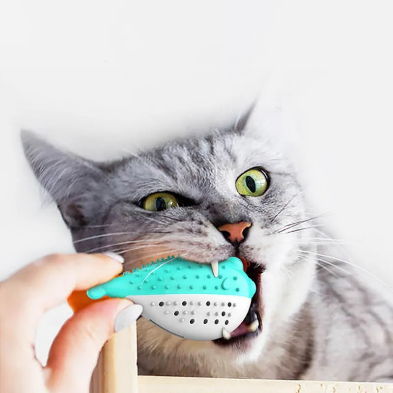 Silicone fish-shaped cat chew toy in assorted colours for dental care and play