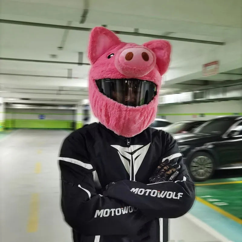 Pink pig cartoon design plush hood made from pv velvet cloth for motorcycle helmet protection.