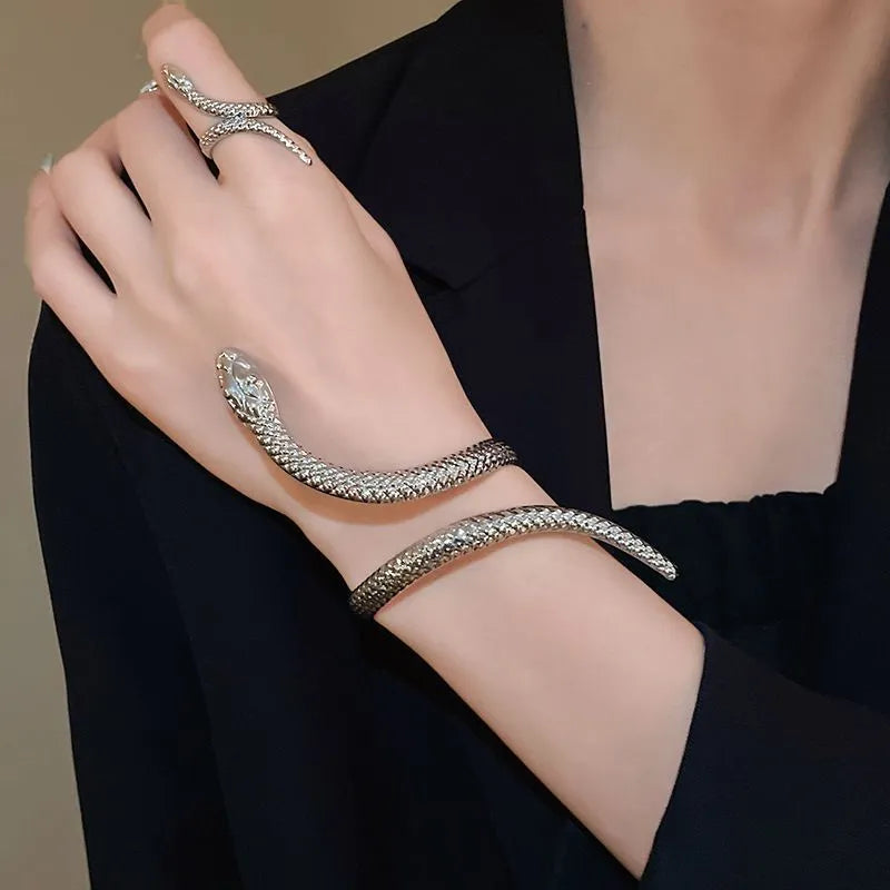 Exaggerated twisted winding snake design ring and bracelet jewellery set in gold or silver electroplated finish