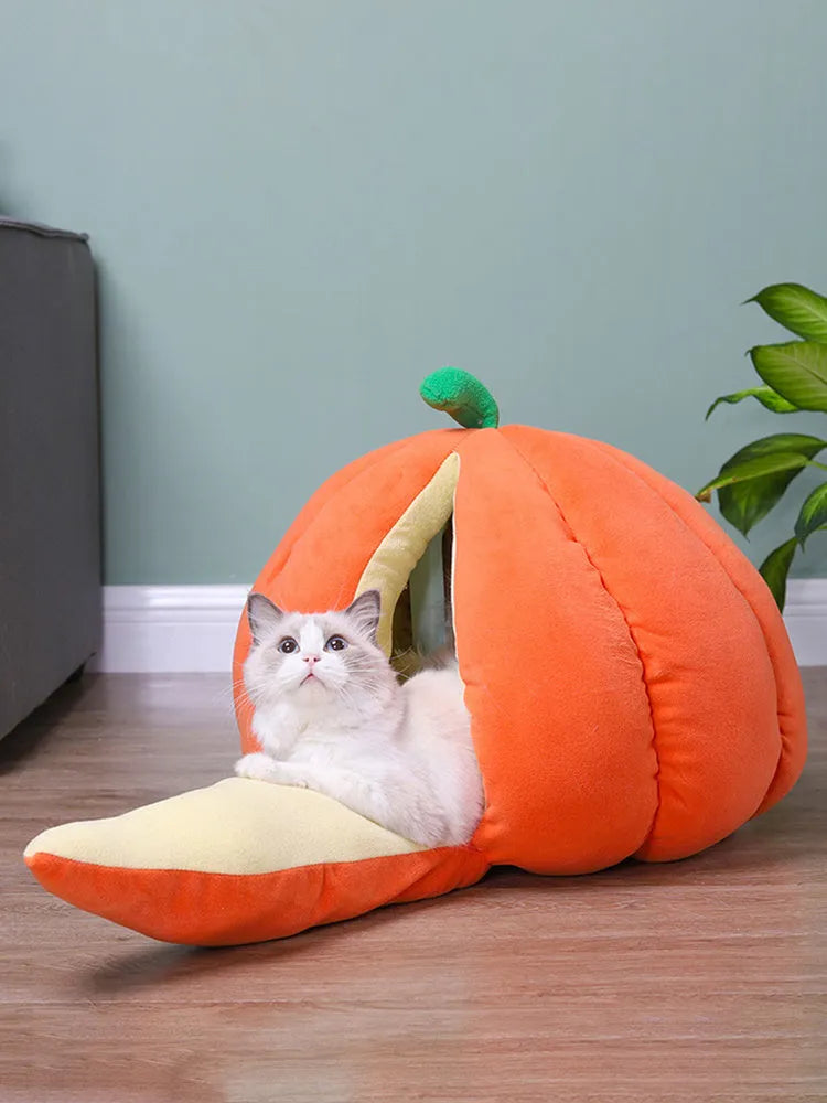 Thickened pumpkin nest cat dog bed cave winter kennel in orange coral fleece material M size
