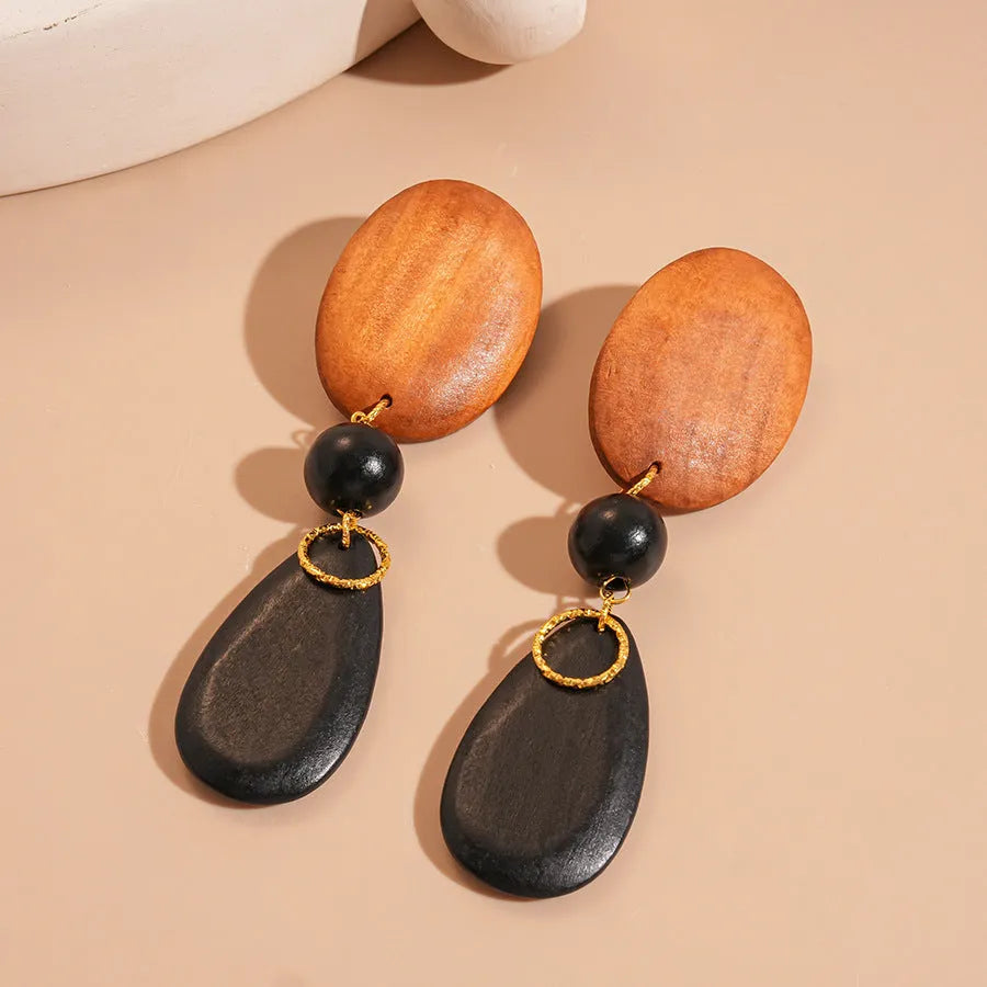 Handmade wooden elliptical earrings in silver needle-brown-black colours with retro European American style