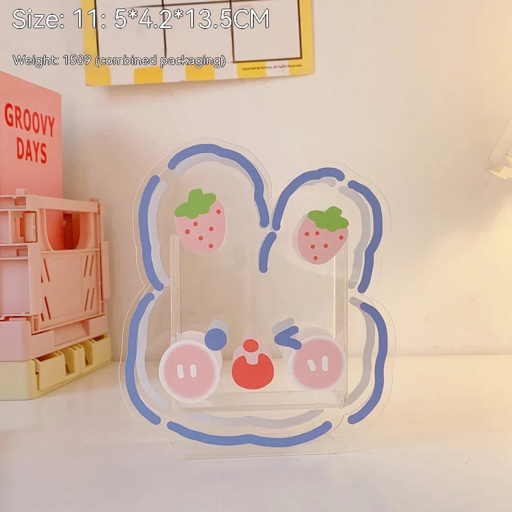 Square clear acrylic storage box with cute character print, showing six design options for desk organisation