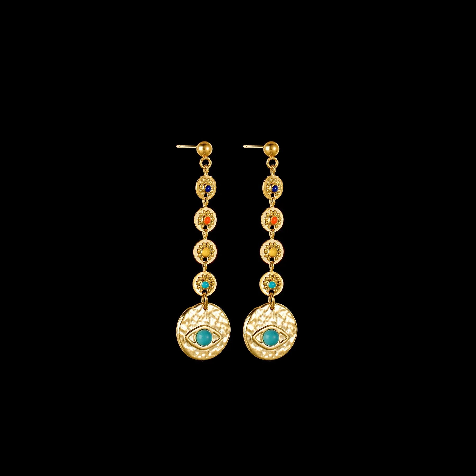 Three pairs of geometric stainless steel earrings on display: Eight Awn Star, Eye, and Shell Sun designs.