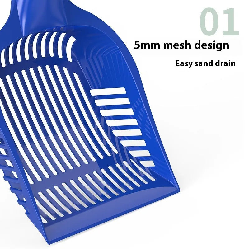 Red plastic cat litter scoop with handle next to a yellow and blue scoop, showing small and medium sizes.