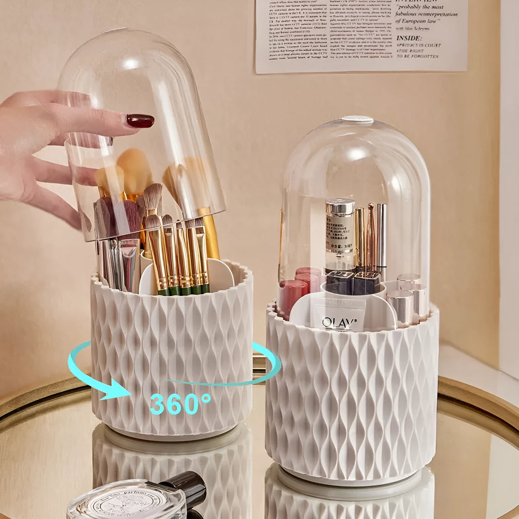 Transparent rotating makeup brush storage box with white accents and removable dust-protecting lid