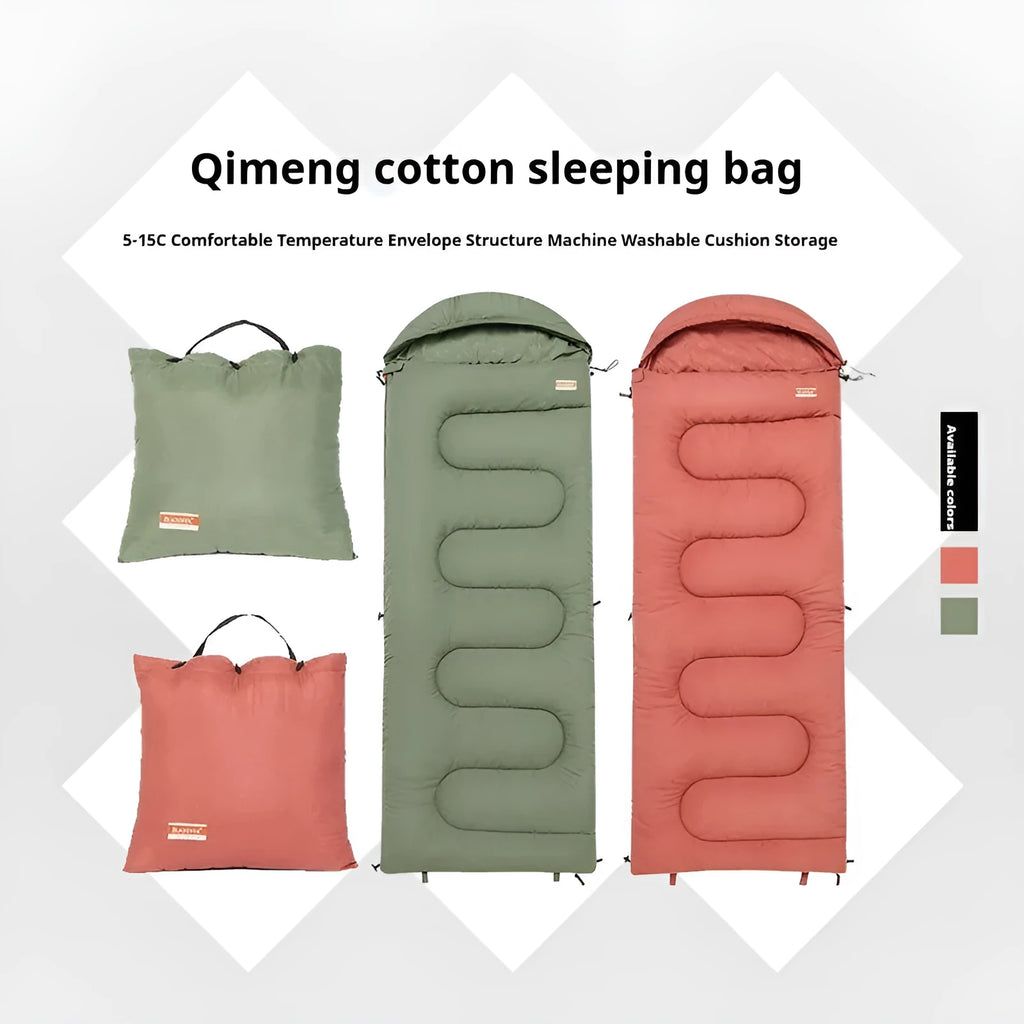 Outdoor cotton sleeping bag in ochre or olive green, shown rolled for portability.