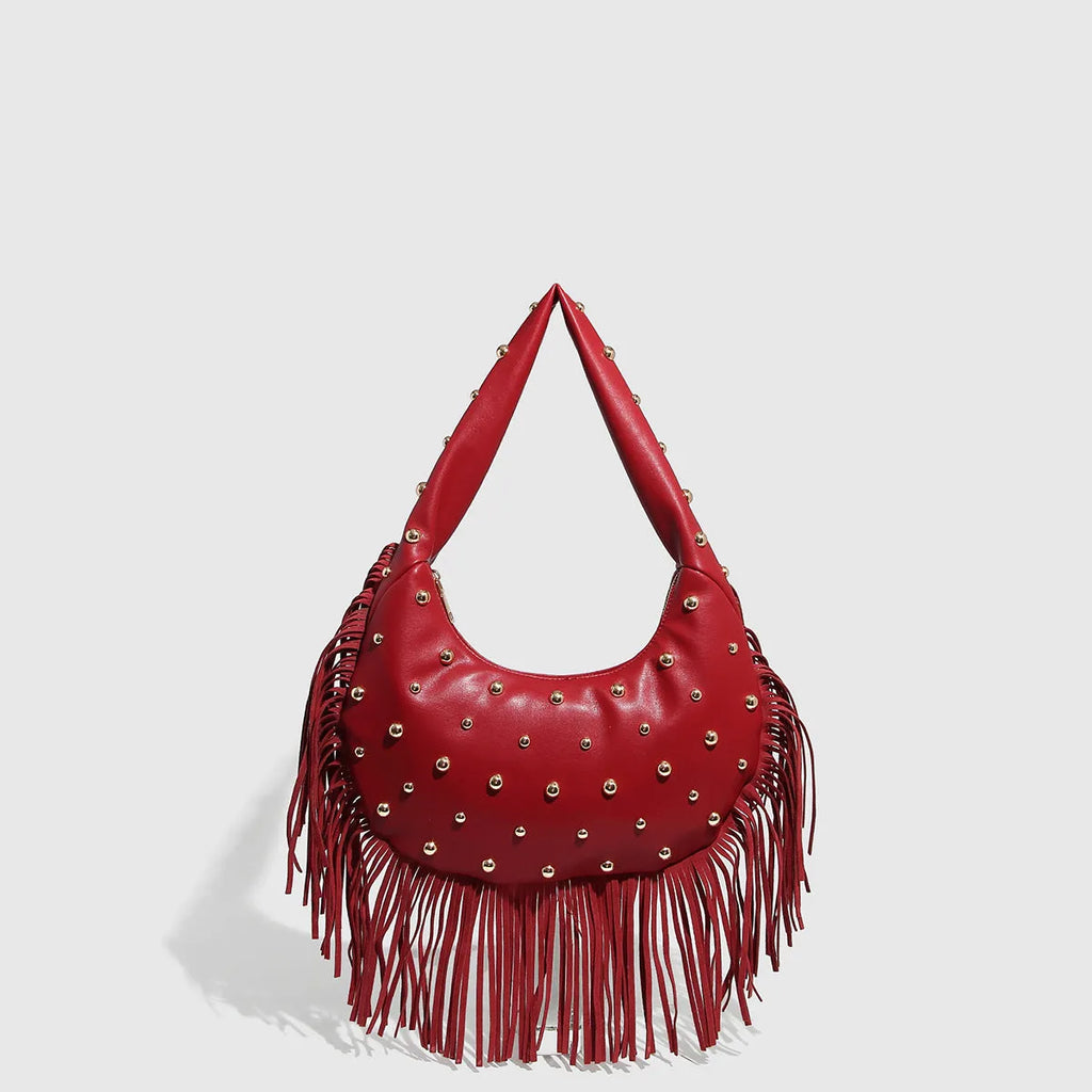 Retro tassel shoulder handbag with phone compartment in black or wine red colour