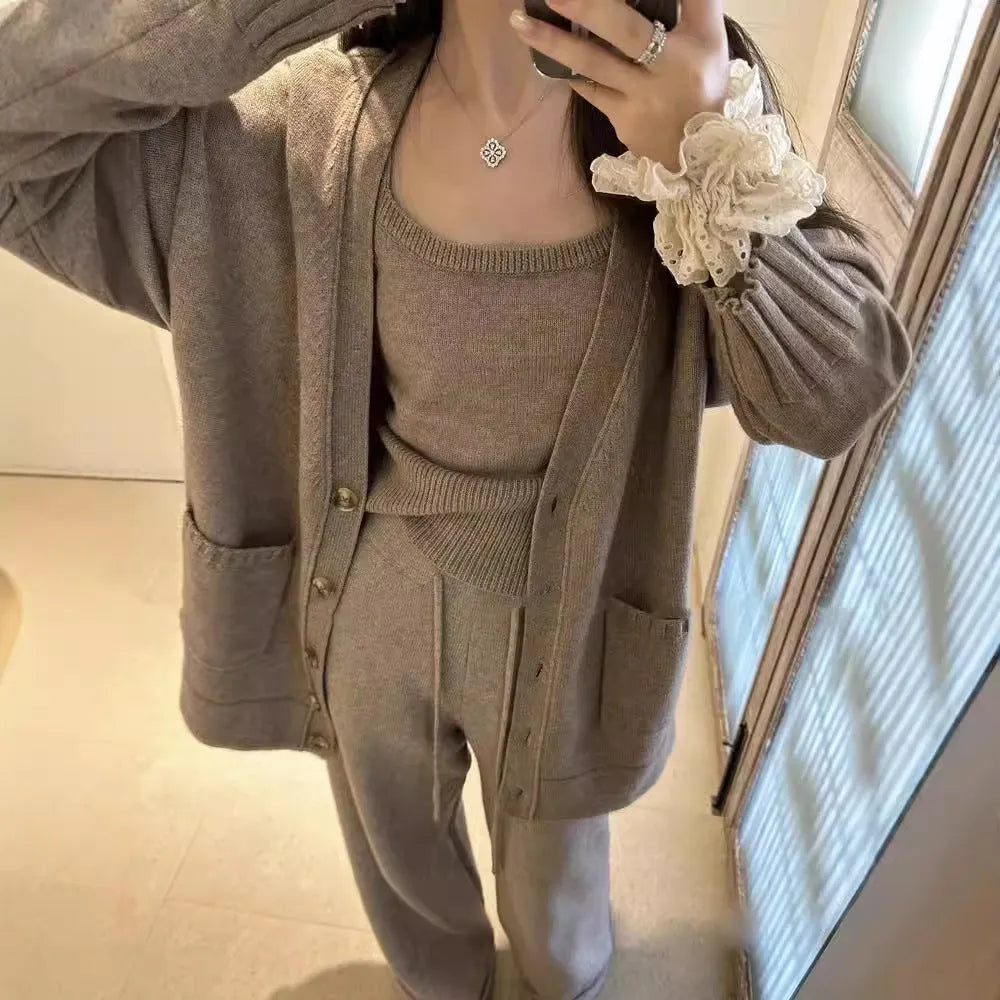 Women's light brown knit cardigan, vest, and suspender pants three-piece casual set