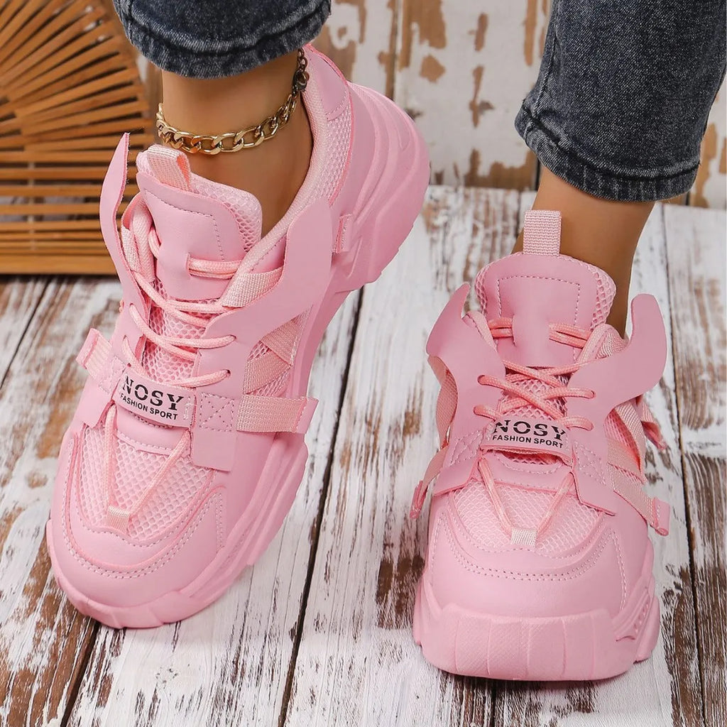 Women's purple platform mesh sports shoes with lace-up front and patterned sole