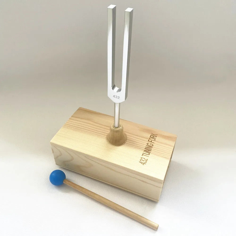 Aluminium alloy 432Hz tuning fork and speaker set for sound therapy in a kraft paper box.