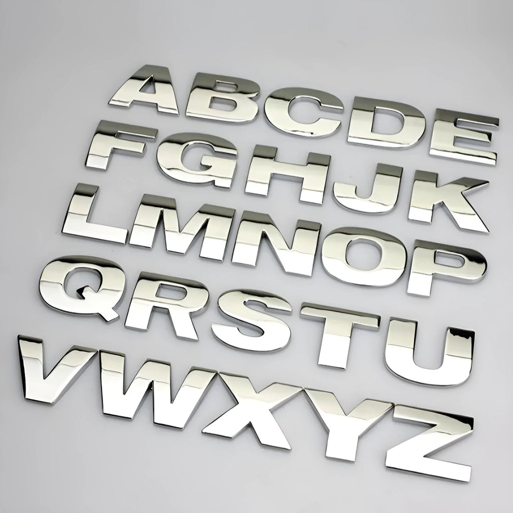 3D metal car bumper sticker showing dimensional English letter on car surface