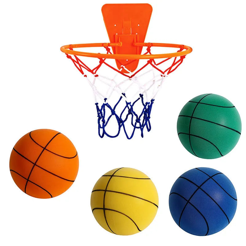 Assorted bright silent foam basketballs in different sizes next to a basketball hoop frame.