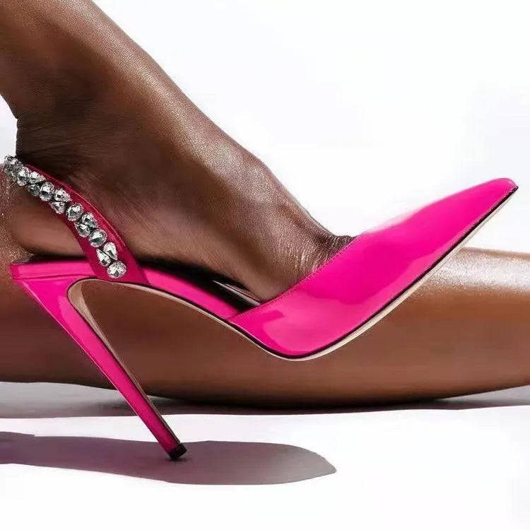 Women's pointed toe high heel sandals with rhinestone side detailing in patent leather