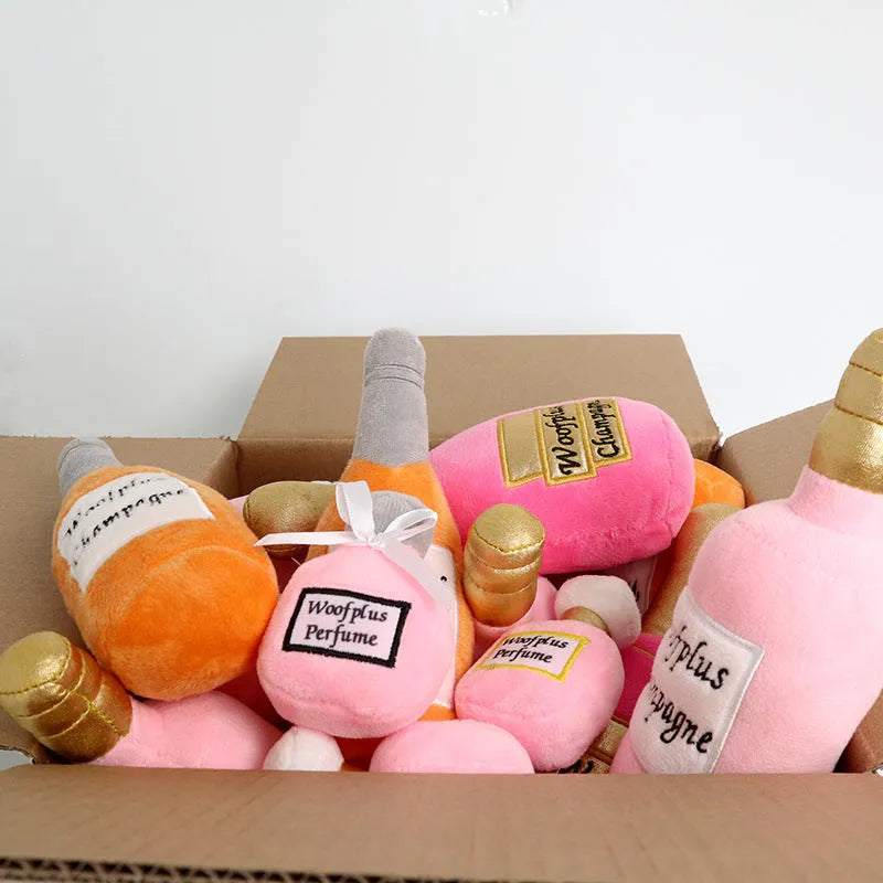 Plush wine bottle dog toy in multiple colour options including green, orange and red